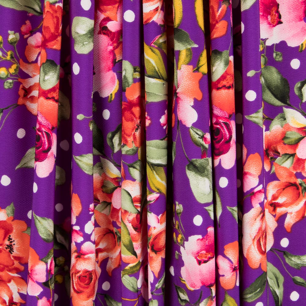 Crepe Bolinhas e Flores Roxo - Ribes y Casals