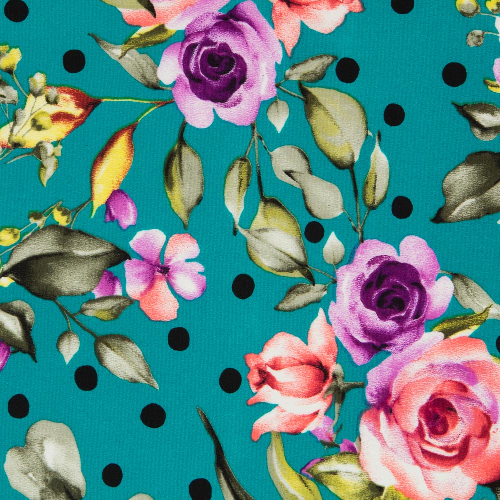 Crepe Lunares y Flores Aguamarina - Ribes y Casals