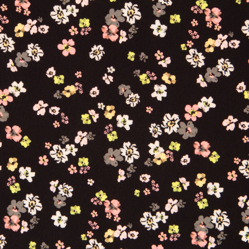 Tecido Burlington Spandex Flores Pretas - Ribes y Casals