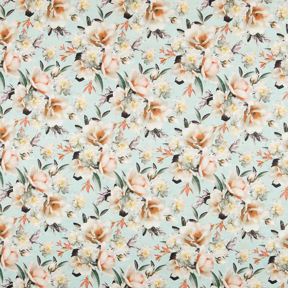 Tecido Lona Rosas Verde Água - Ribes y Casals