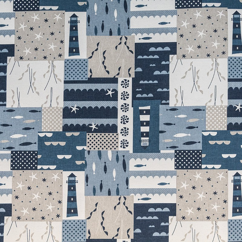 Lona Estampada Quadrado Peixes Azul - Ribes y Casals