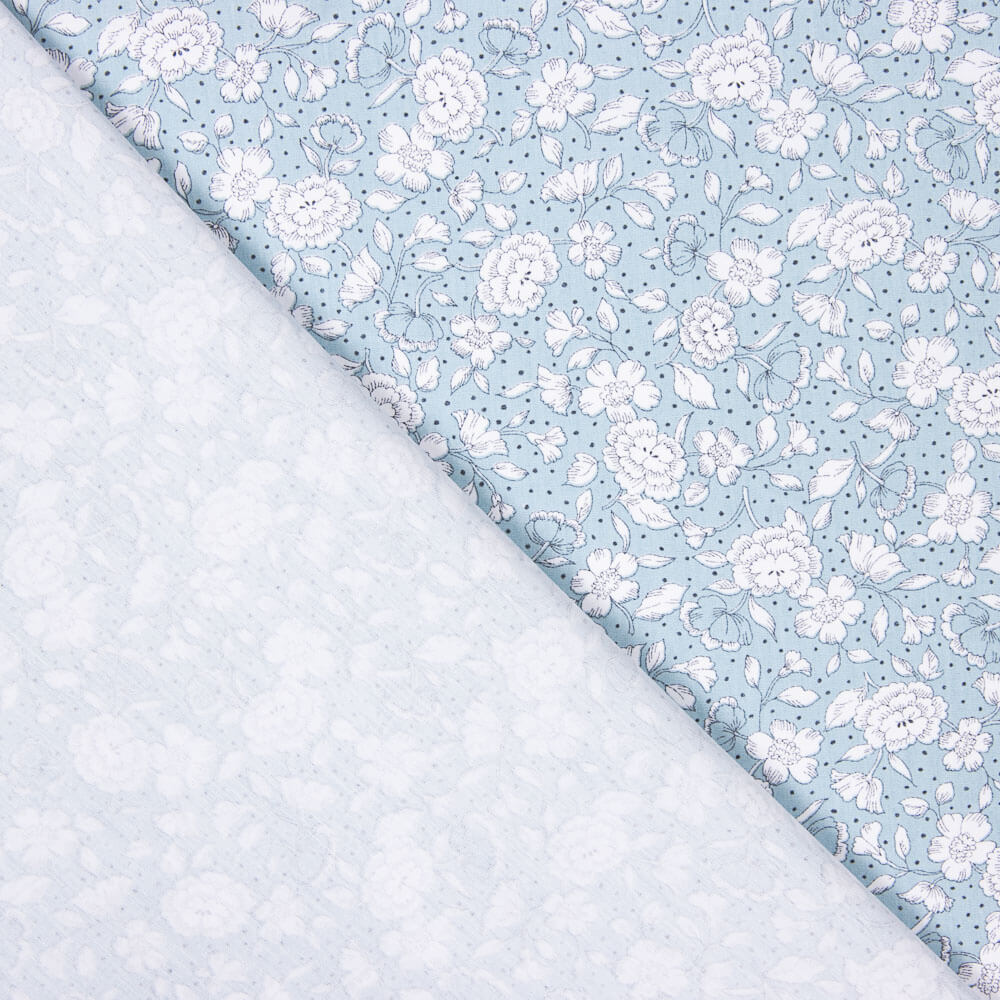 Popeline Algodão Orgânico Infantil Flor Bolinhas Azuis. - Ribes y Casals