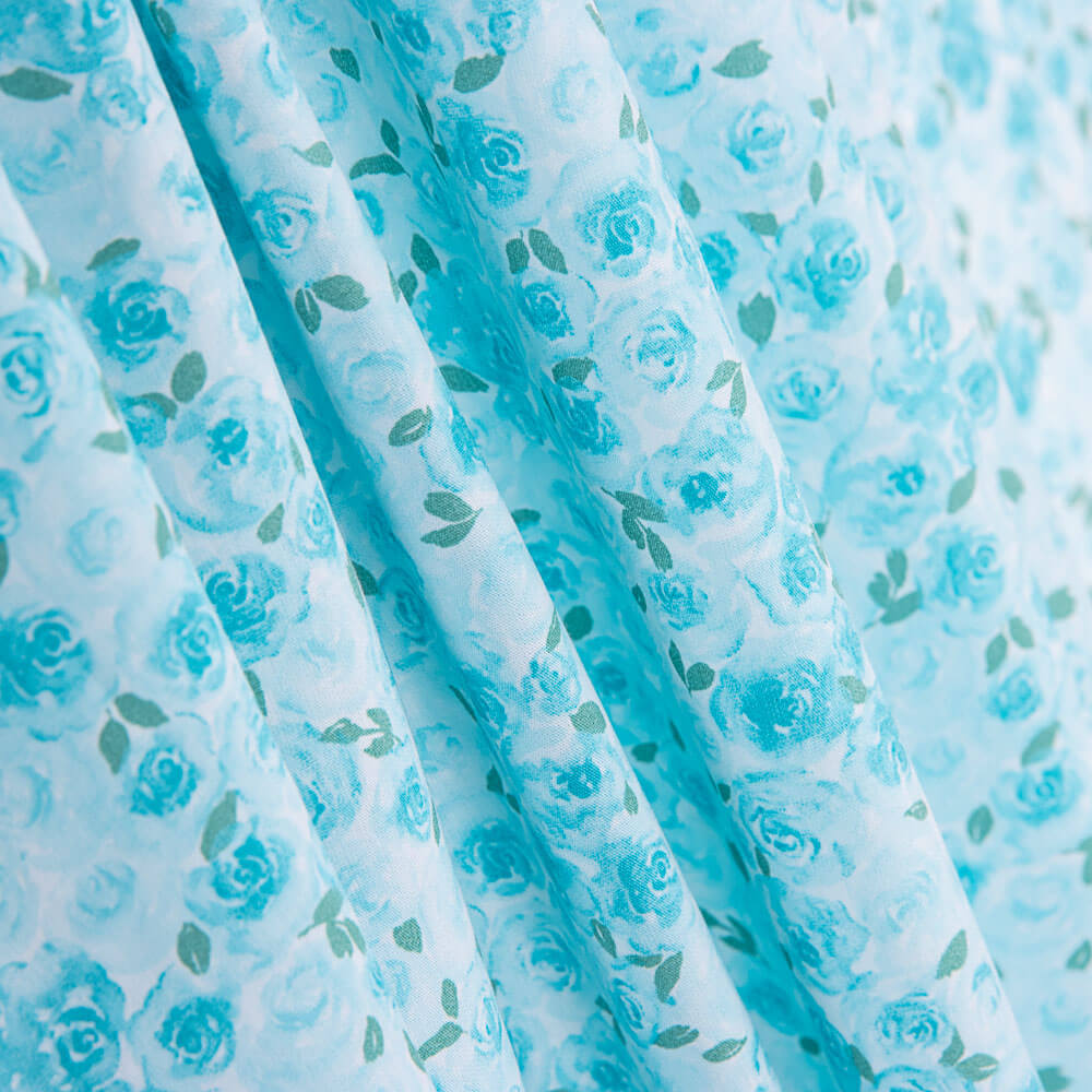 Popeline De Algodão Orgânico Infantil Jardim Rosas Azuis - Ribes y Casals