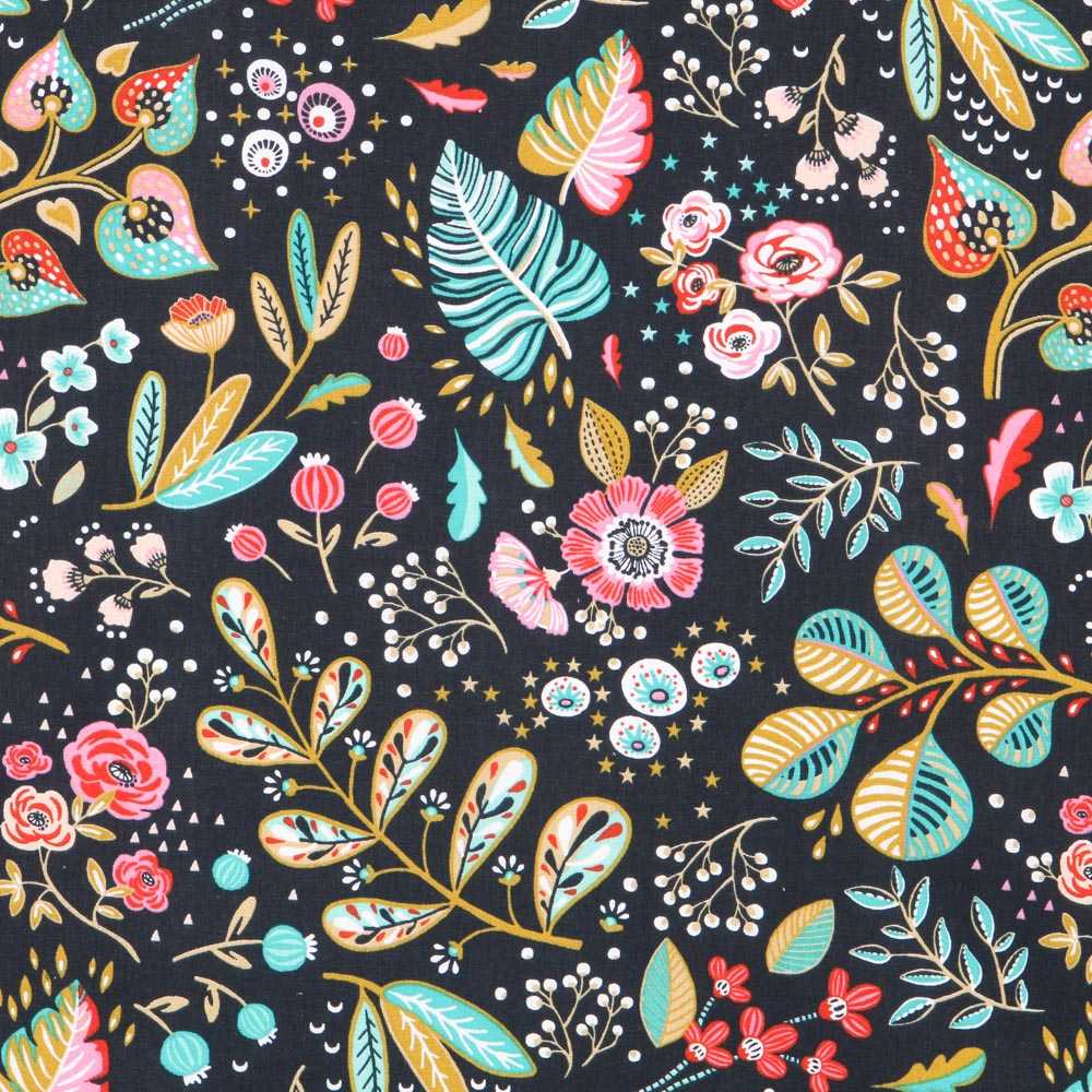 Tecido de Algodão Popeline Ancolie Negra - Ribes y Casals