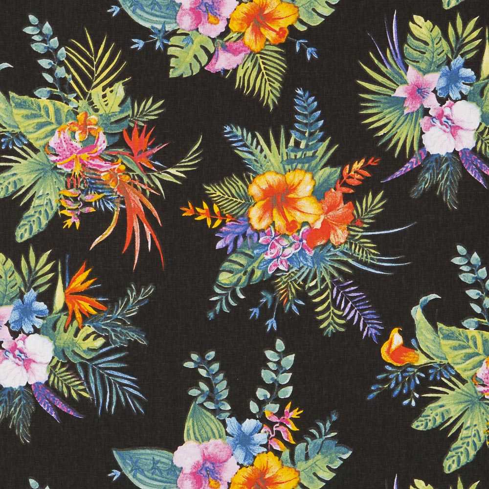 Tecido Popeline de Algodão Hibíscos Preto - Ribes y Casals