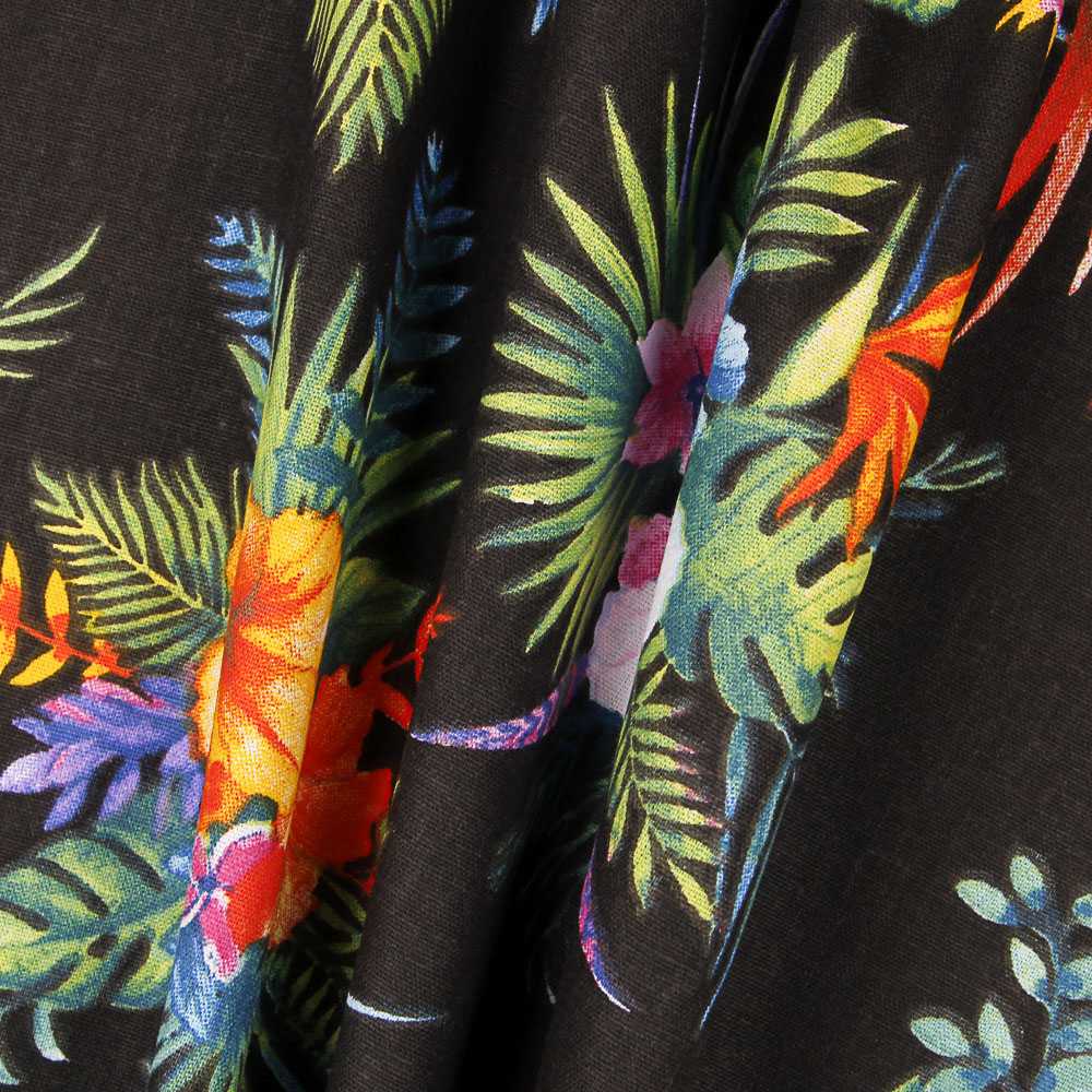 Tecido Popeline de Algodão Hibíscos Preto - Ribes y Casals