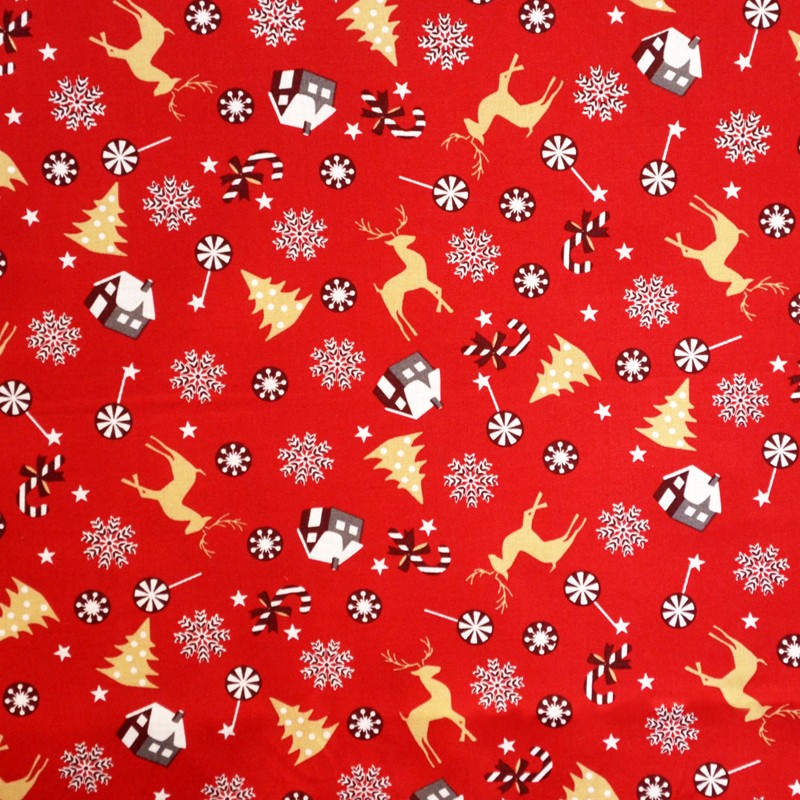 Tecido Natal Cervo Fundo Vermelho - Ribes y Casals