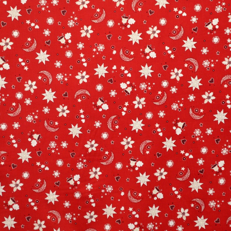 Tecido Natal Estrelas Lua Fundo Vermelho - Ribes y Casals