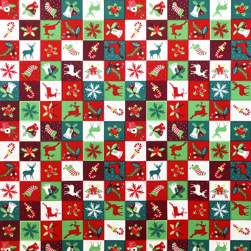 Tecido Natal Mosaico Verde Vermelho - Ribes y Casals