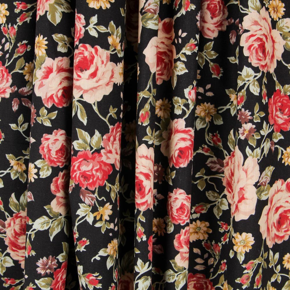 Popeline Vintage Floral Preta - Ribes y Casals