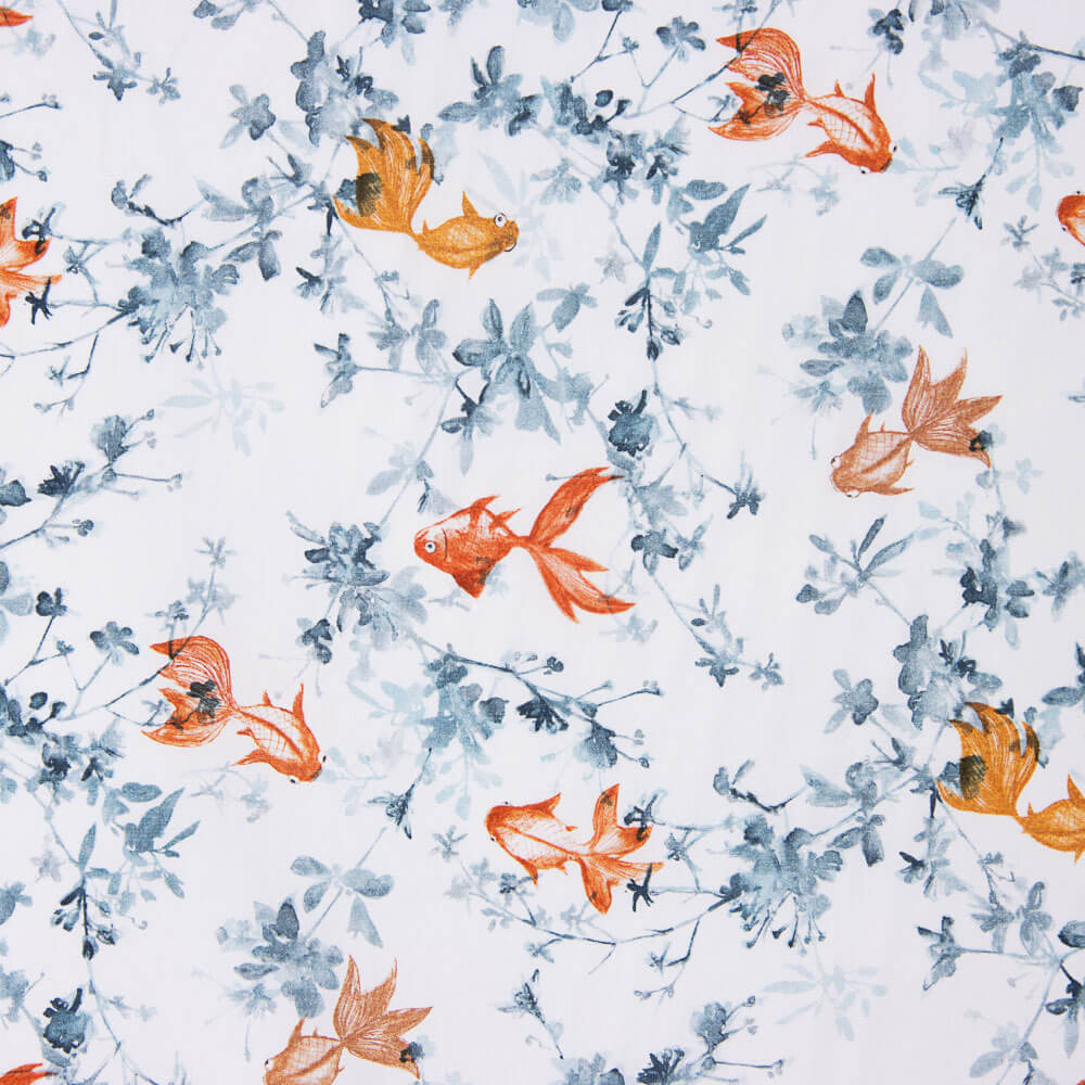 Popeline Algodão Peixe Koi Branco - Ribes y Casals