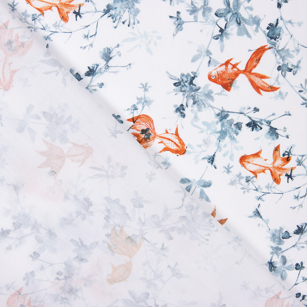 Popeline Algodão Peixe Koi Branco - Ribes y Casals