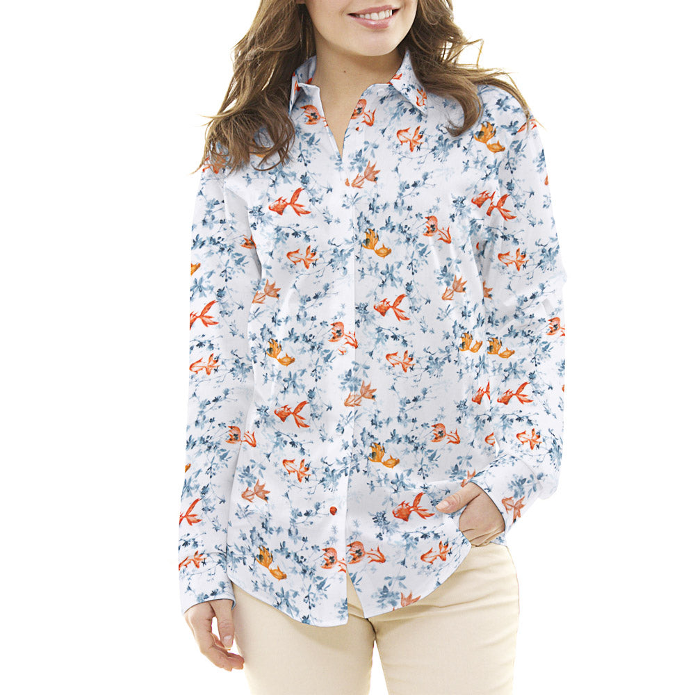 Popeline Algodão Peixe Koi Branco - Ribes y Casals