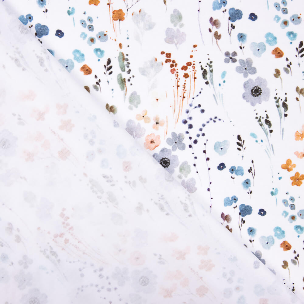 Malha Algodão Flor De Primavera Azul Denim - Ribes y Casals