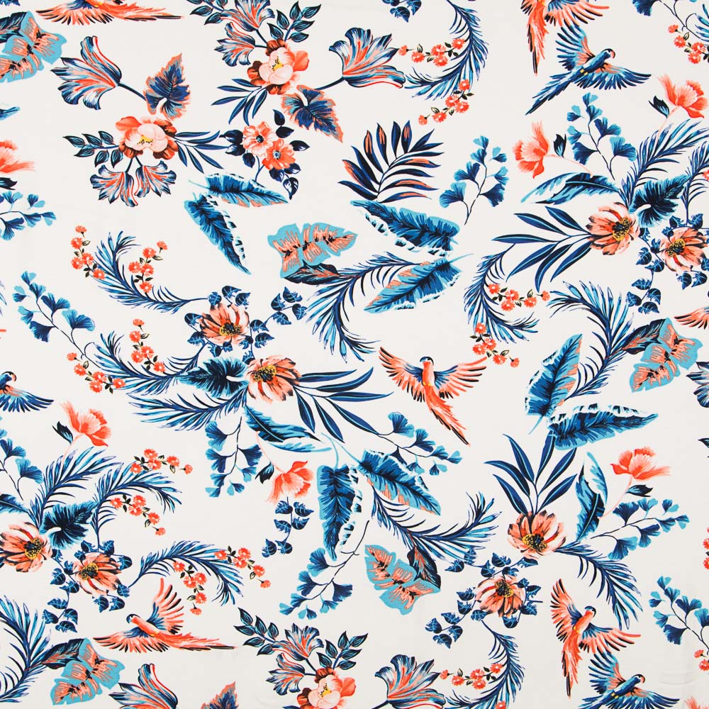 Malha Viscose Tropical Papagaios Branco - Ribes y Casals