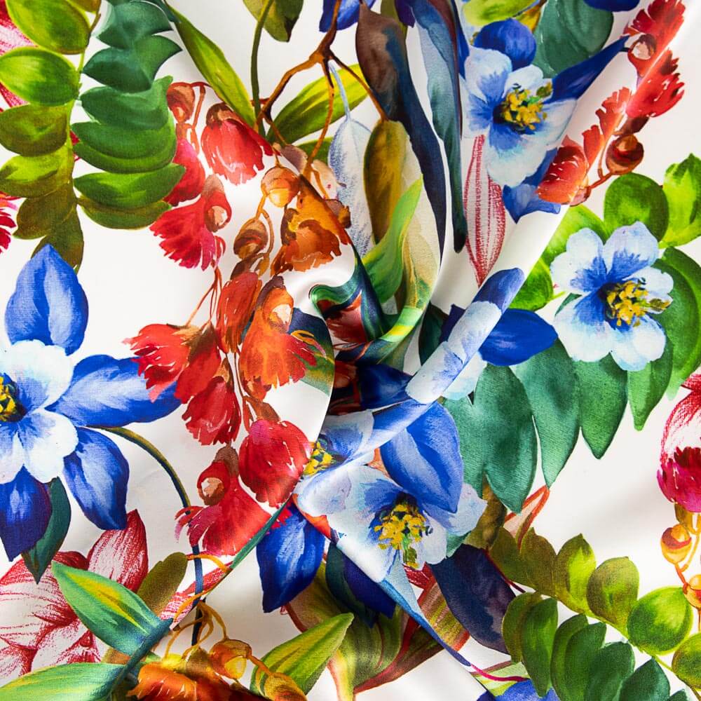 Cetim Seda Natural Estampa Floral Azul - Ribes y Casals