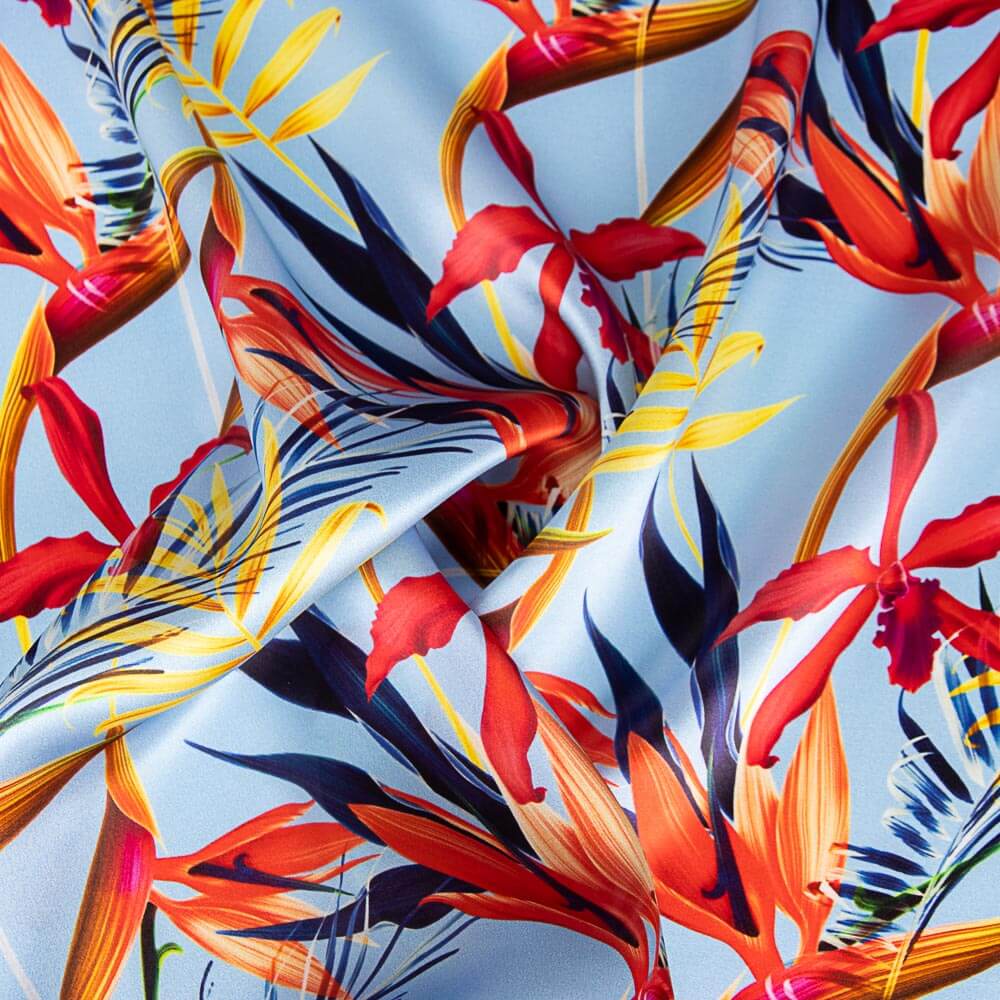 Cetim Seda Natural Estampa Floral Azul Jeans - Ribes y Casals