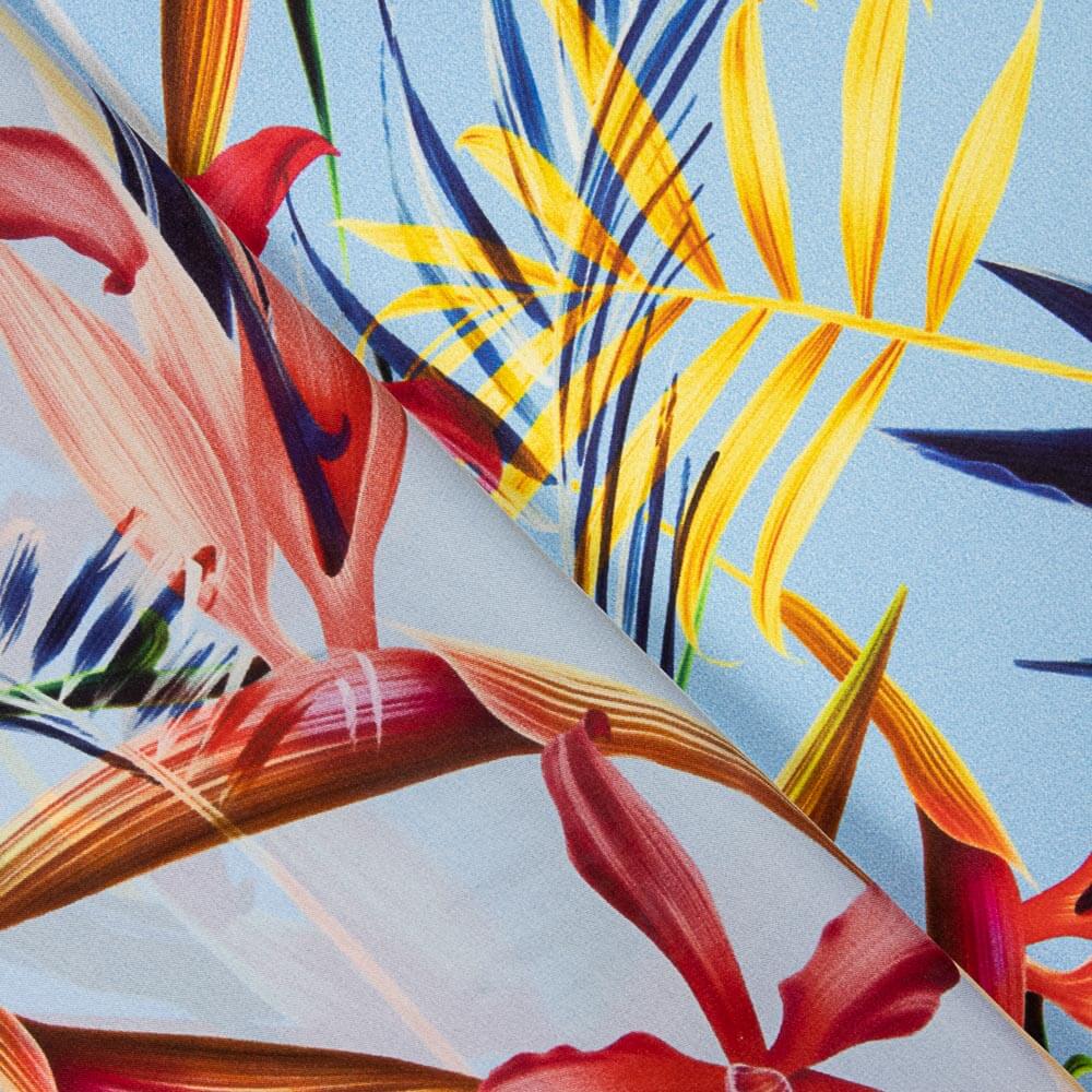 Cetim Seda Natural Estampa Floral Azul Jeans - Ribes y Casals