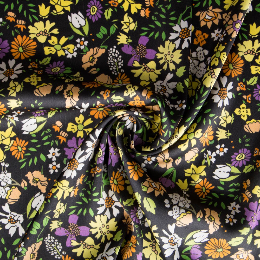 Viscose Faixas Florais Preta - Ribes y Casals