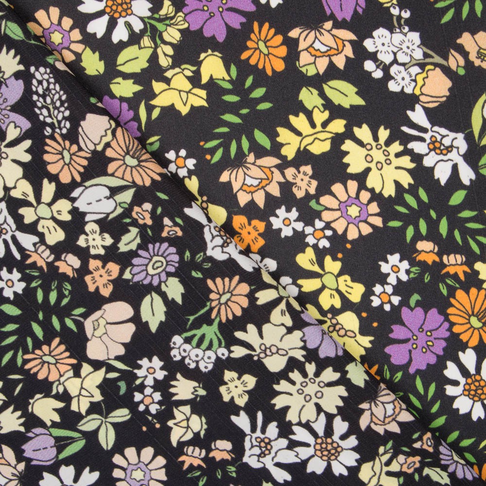 Viscose Faixas Florais Preta - Ribes y Casals