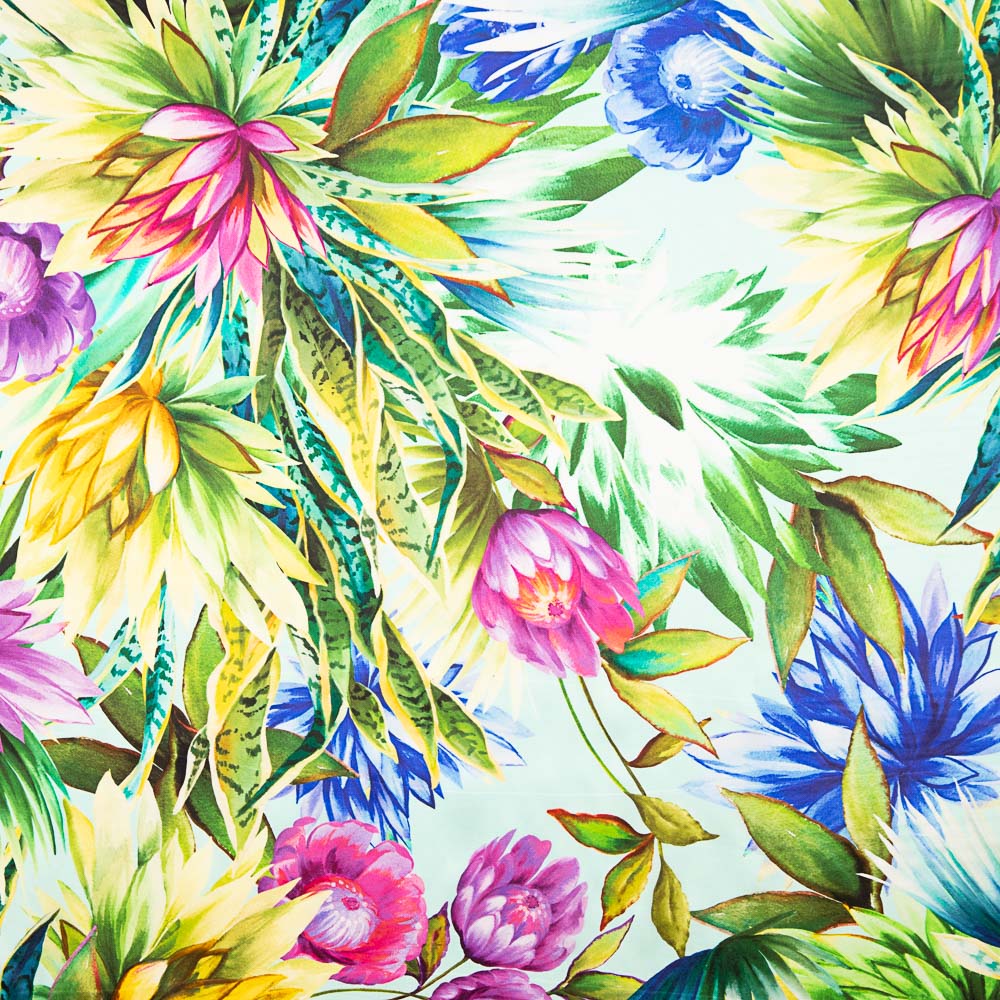 Cetim Seda Natural Estampado Flor Tropical Verde Água - Ribes y Casals