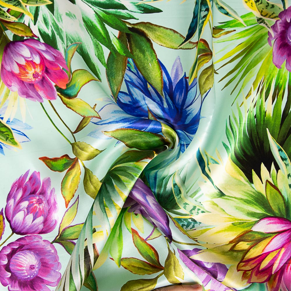 Cetim Seda Natural Estampado Flor Tropical Verde Água - Ribes y Casals