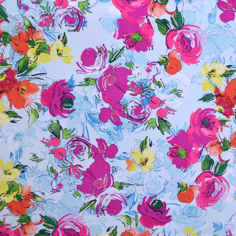 Tecido Crepe Estampado Flor Aguarela Azul Bebé - Ribes y Casals