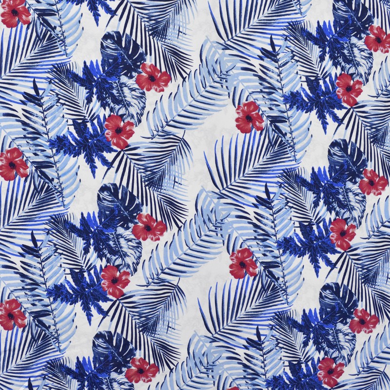 Tecido de Crepe Estampado Tropical Fundo Branco Marfim - Ribes y Casals