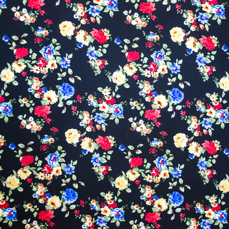 Tecido Crepe Flores Bouquet Negro - Ribes y Casals