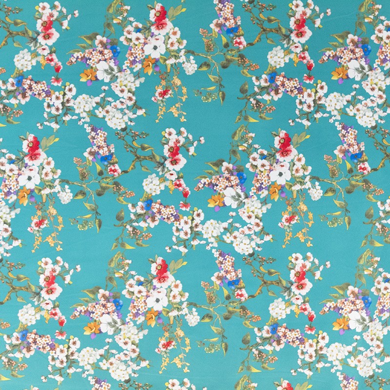 Tecido Crepe Flores Kimono Água-Marinha - Ribes y Casals