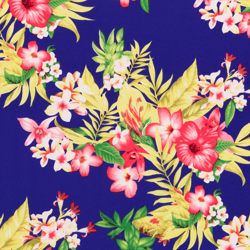 Tecido Crepe Flores Tropical Azulado - Ribes y Casals
