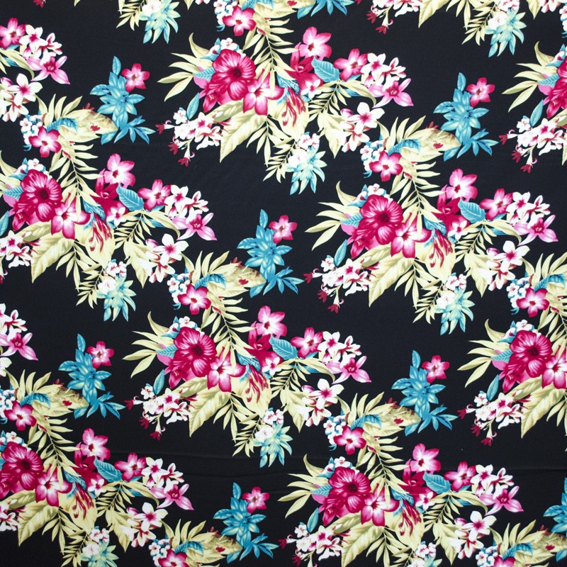Tecido Crepe Flores Tropical Negro - Ribes y Casals