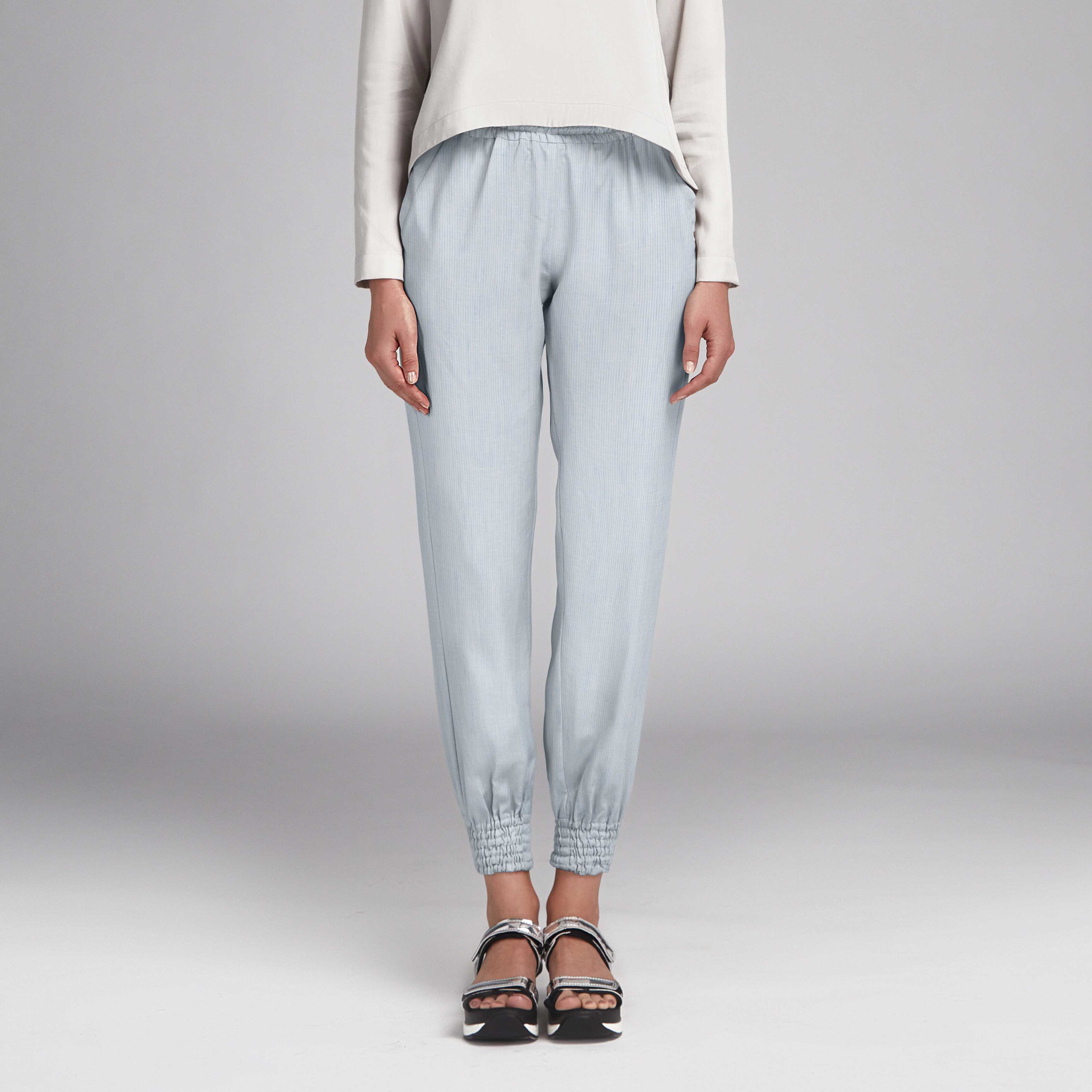 Tecido de Linho Listrado Celeste - Ribes y Casals