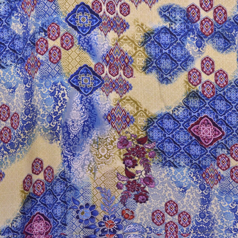 Tecido Georgette Estampado Flor Hindu Azul - Ribes y Casals