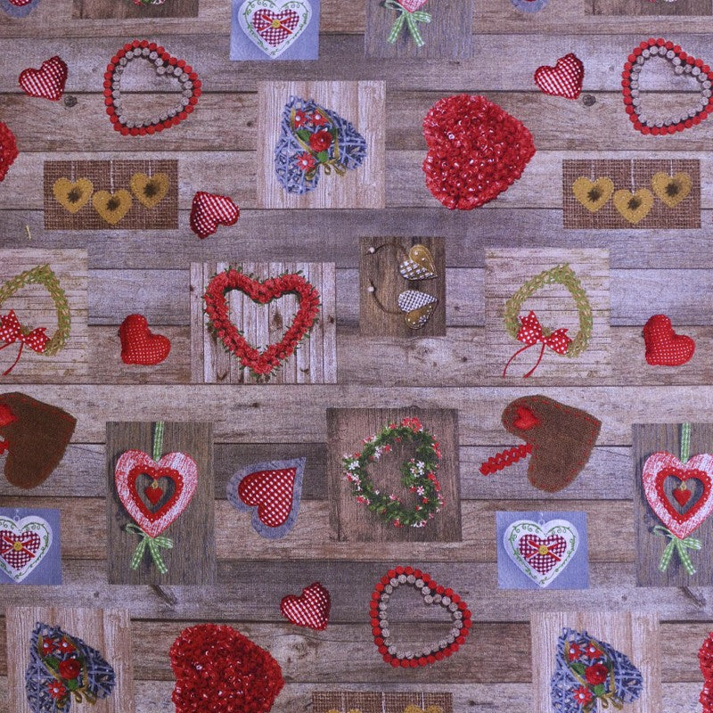 Tecido Loneta Corações Madeira Castanho - Ribes y Casals