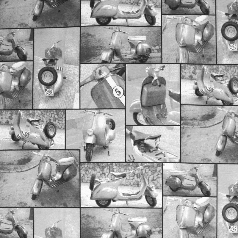 Tecido Lona Estampado Scooter Italia Preto/Branco - Ribes y Casals