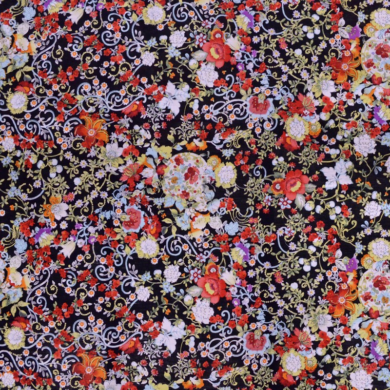 Tecido de Popeline Flamenco Flor Kimono Preto - Ribes y Casals