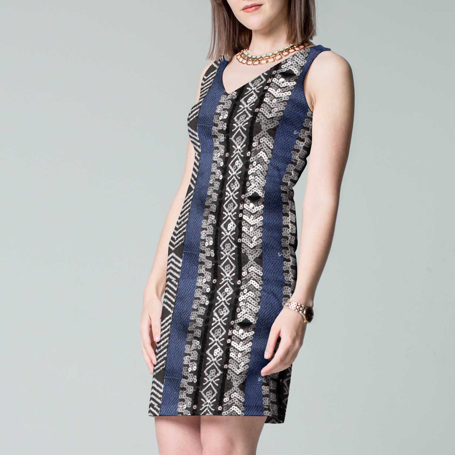 Tela Punto Lycra Lentejuela Étnica Azul - Ribes y Casals