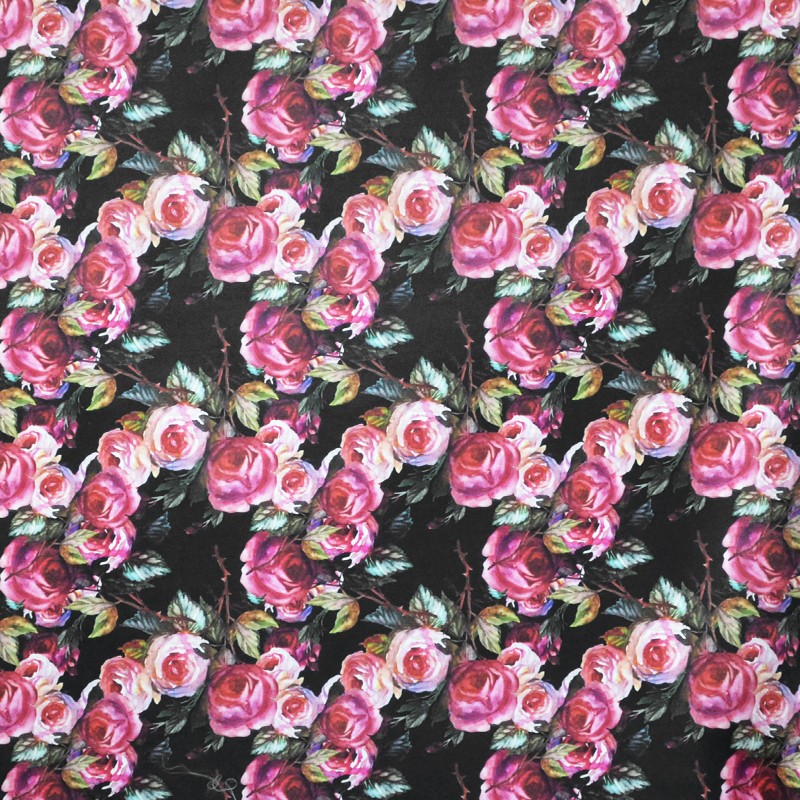 Tela Shantung Floral Fondo Negro - Ribes y Casals