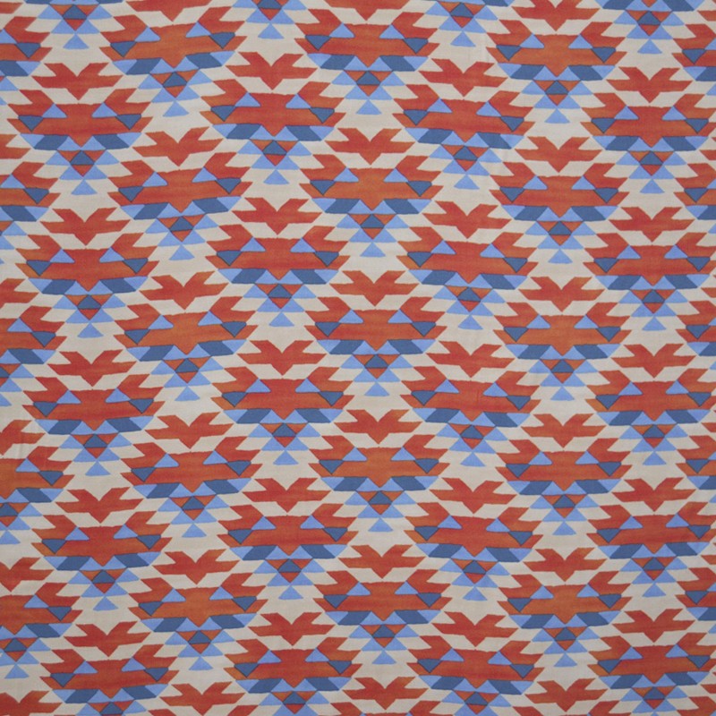 Tecido de Viscose Estampado Motivos Azul Vermelho - Ribes y Casals
