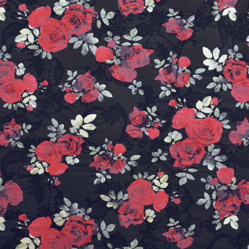 Tecido Viscose Rosas Fundo Preto - Ribes y Casals