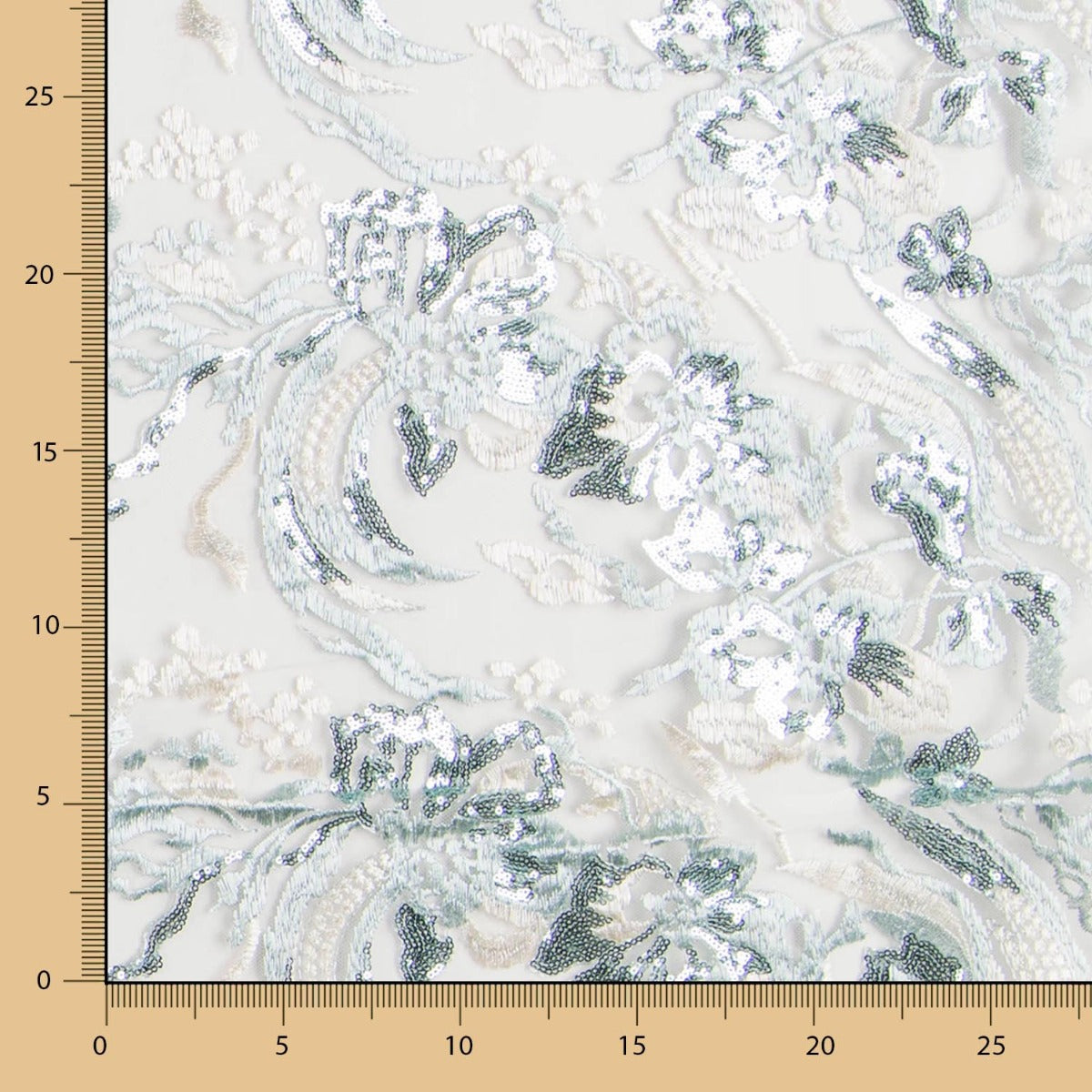 Tecido Renda Ramos Lantejoulas Porcelana - Ribes y Casals