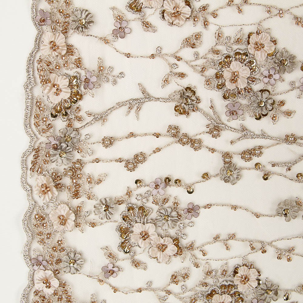 Tule Bordado Flores Dourado - Ribes y Casals