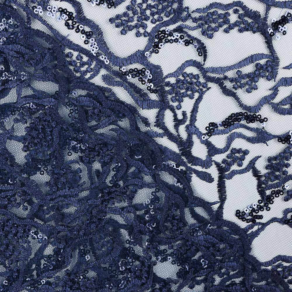 Tule Bordado Flor Azul Marinho - Ribes y Casals