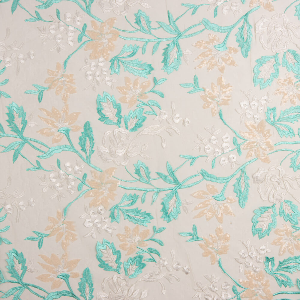 Tule Bordado Lantejoulas Folhas Verde Água - Ribes y Casals