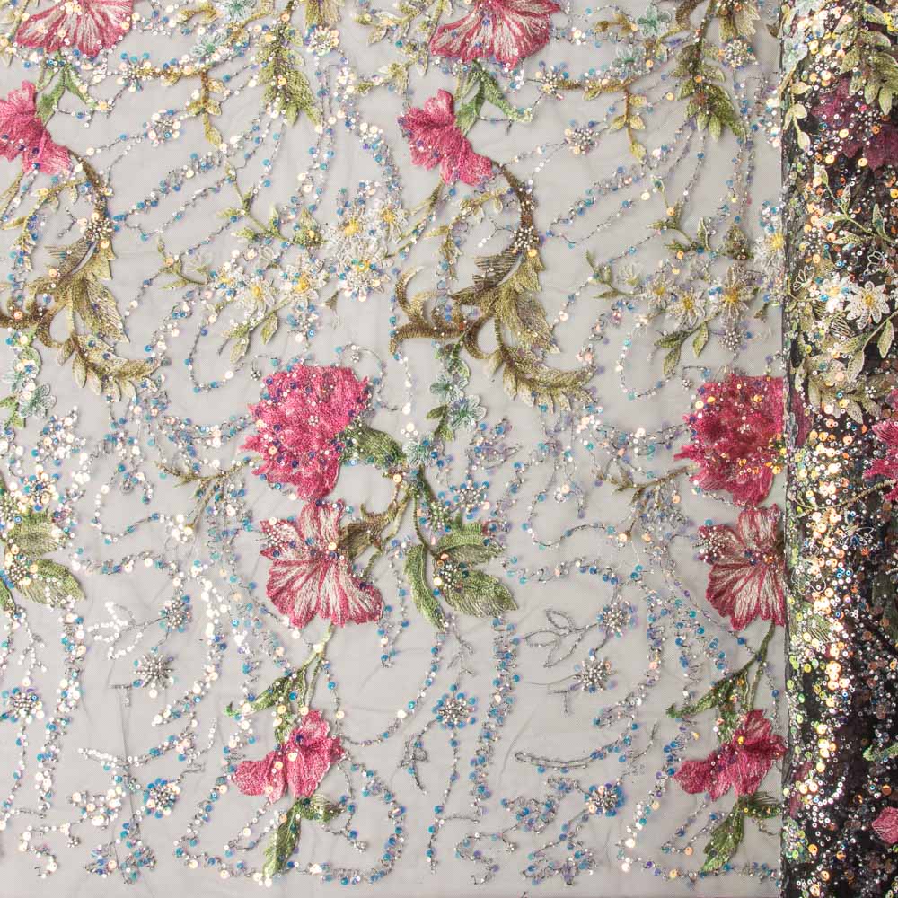 Tule Pedraria Bordado Floral Preto - Ribes y Casals