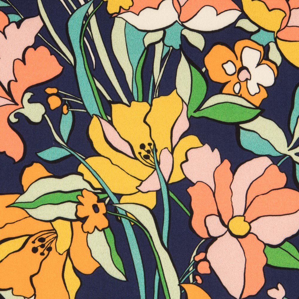 Viscose Faixas Florais Preta - Ribes y Casals