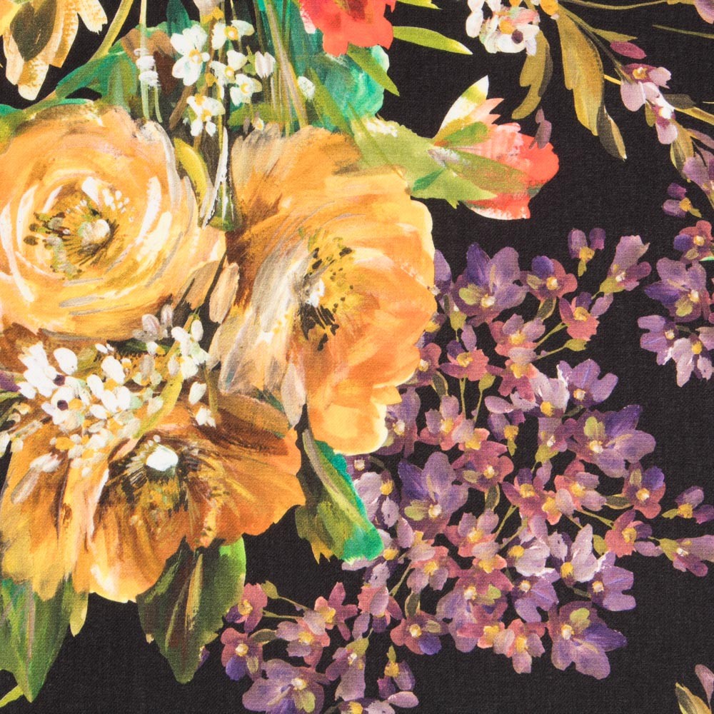 Viscose Faixas Florais Preta - Ribes y Casals
